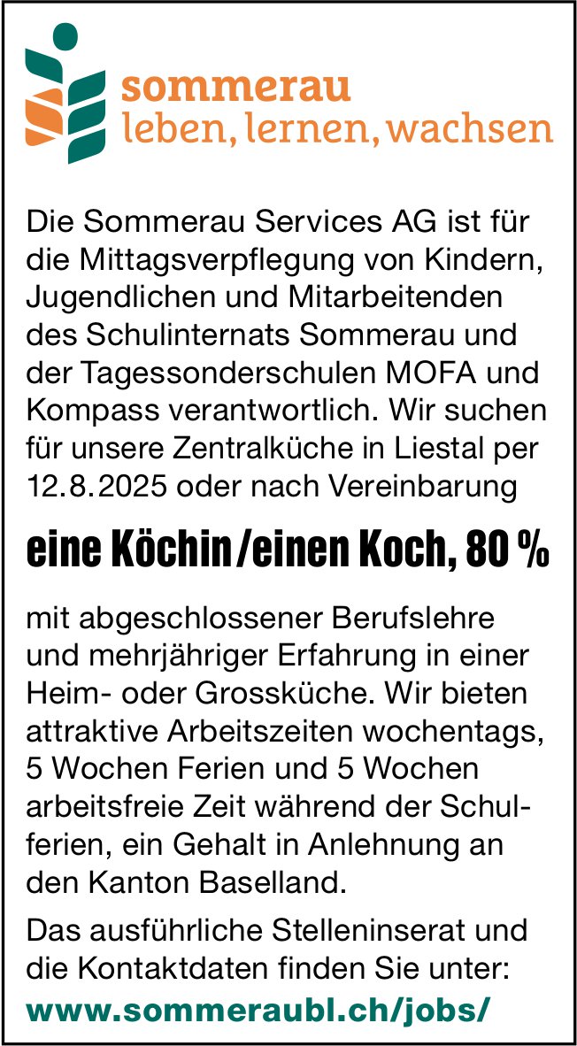 Köchin/Koch, 80%, Sommerau Services AG, Liestal,  gesucht