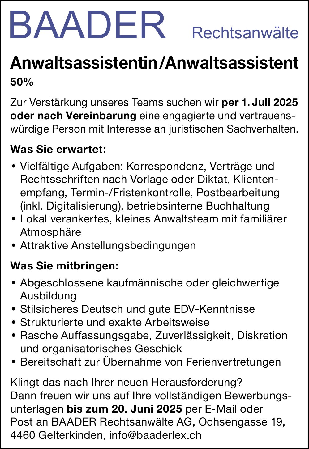 Anwaltsassistentin/Anwaltsassistent 50%, Baader Rechtsanwälte AG, Gelterkinden, gesucht