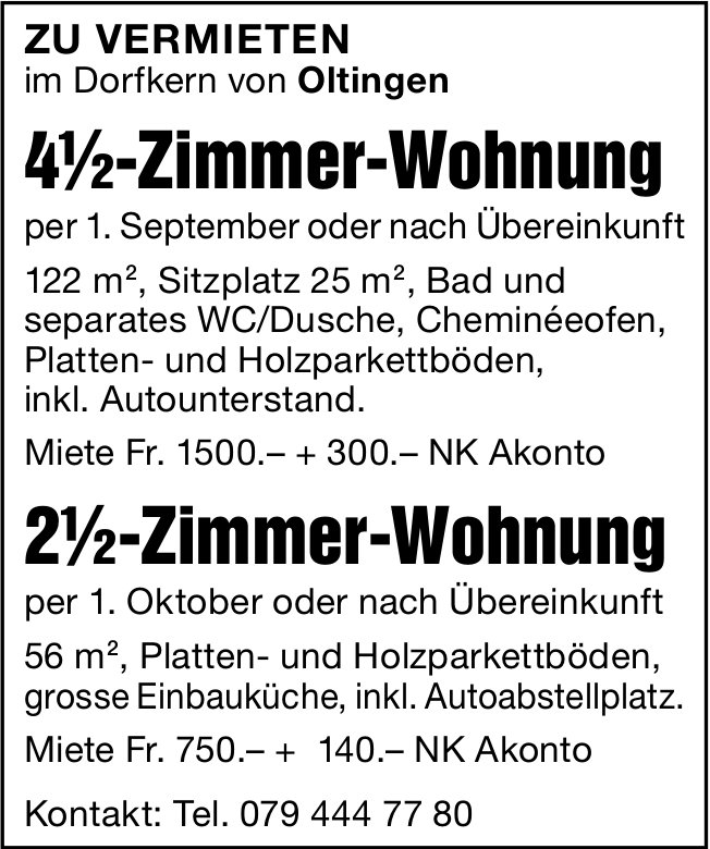 2.5- und 4.5-Zimmer-Wohnungen, Oltingen, zu vermieten