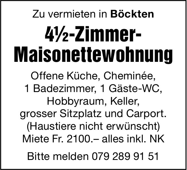 4.5-Zimmer- Maisonettewohnung, Böckten, zu vermieten