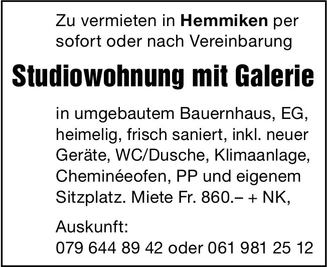 Studiowohnung, Hemmiken, zu vermieten
