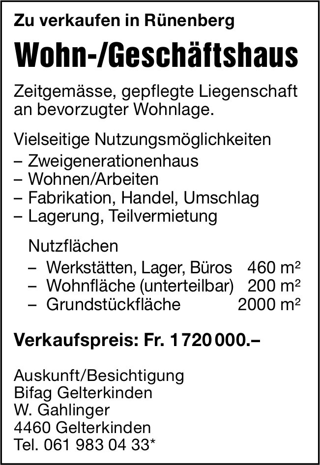 Wohn-/Geschäftshaus, Rünenberg, zu verkaufen