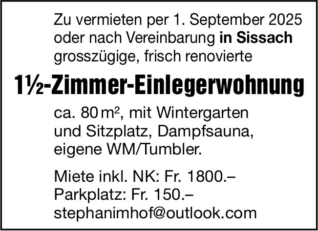 1.5-Zimmer-Einlegerwohnung, Sissach, zu vermieten