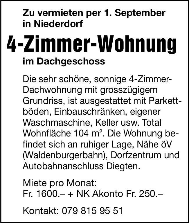 4.5-Zimmer-Wohnung, Niederdorf, zu vermieten