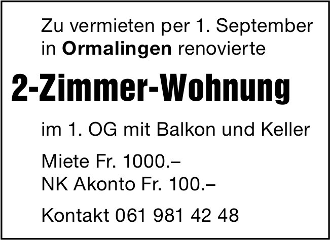 2-Zimmer-Wohnung, Ormalingen, zu vermieten