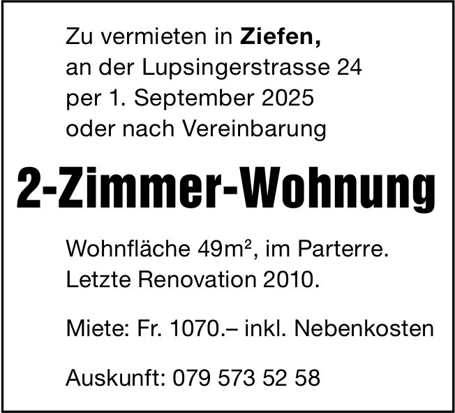 2-Zimmer-Wohnung, Ziefen, zu vermieten