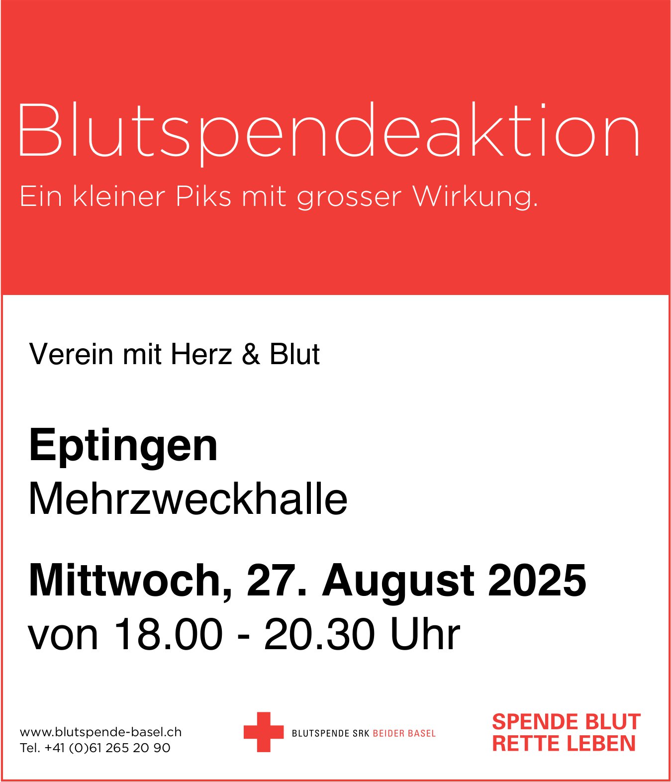 Blutspendeaktion, 27. August, Mehrzweckhalle, Eptingen