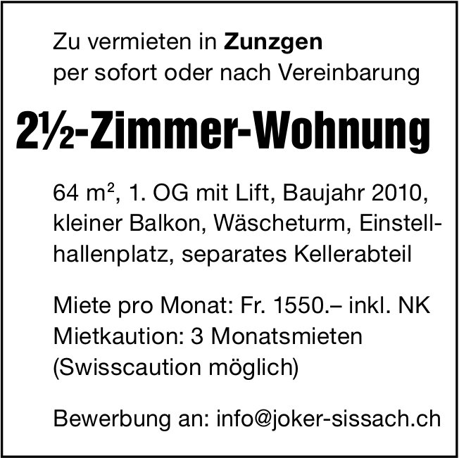 2.5-Zimmer-Wohnung, Zunzgen, zu vermieten
