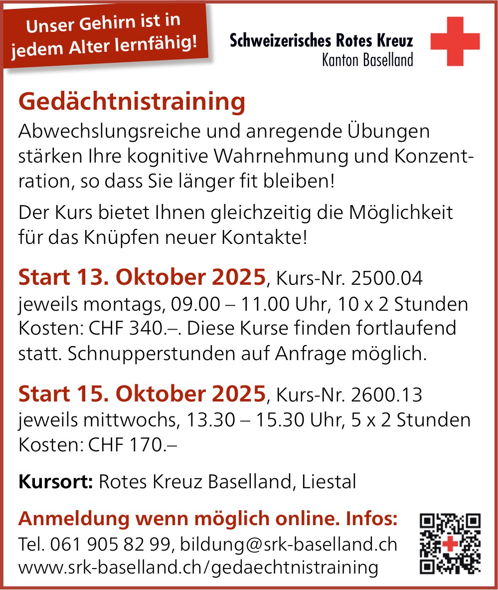 Rotes Kreuz Basellandschaft, Liestal - Gedächtnistraining, montags und mittwochs ab 13. resp. 15. Oktober
