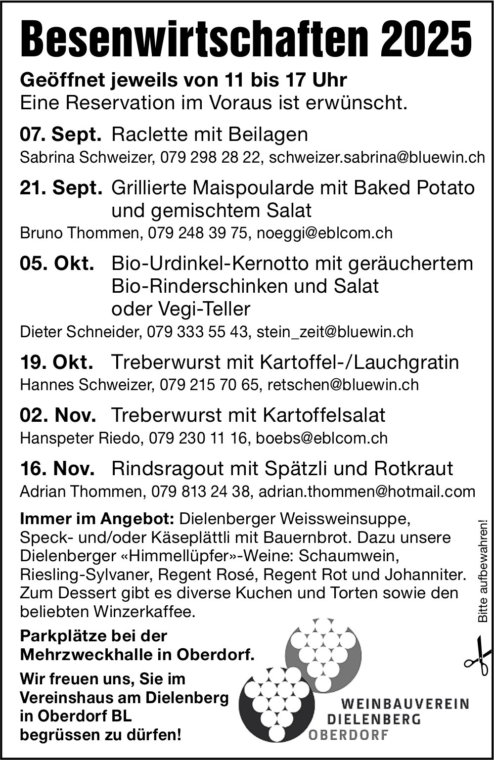 Weinbauverein Dielenberg, Oberdorf - Besenwirtschaften; Programm