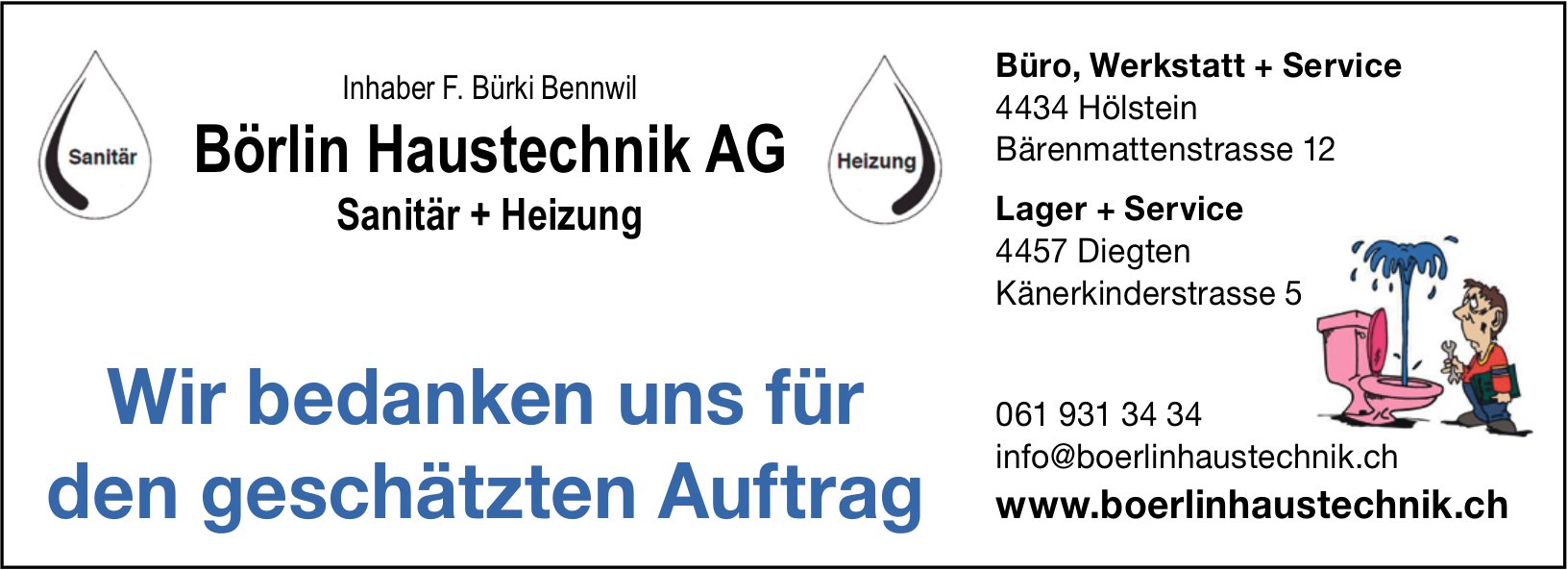 Börlin Haustechnik AG, Hölstein - Wir bedanken uns für den geschätzten Auftrag