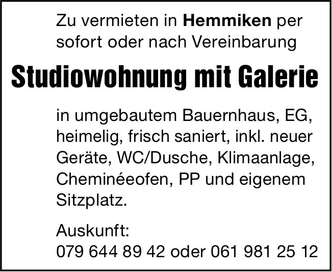 Studiowohnung, Hemmiken, zu vermieten