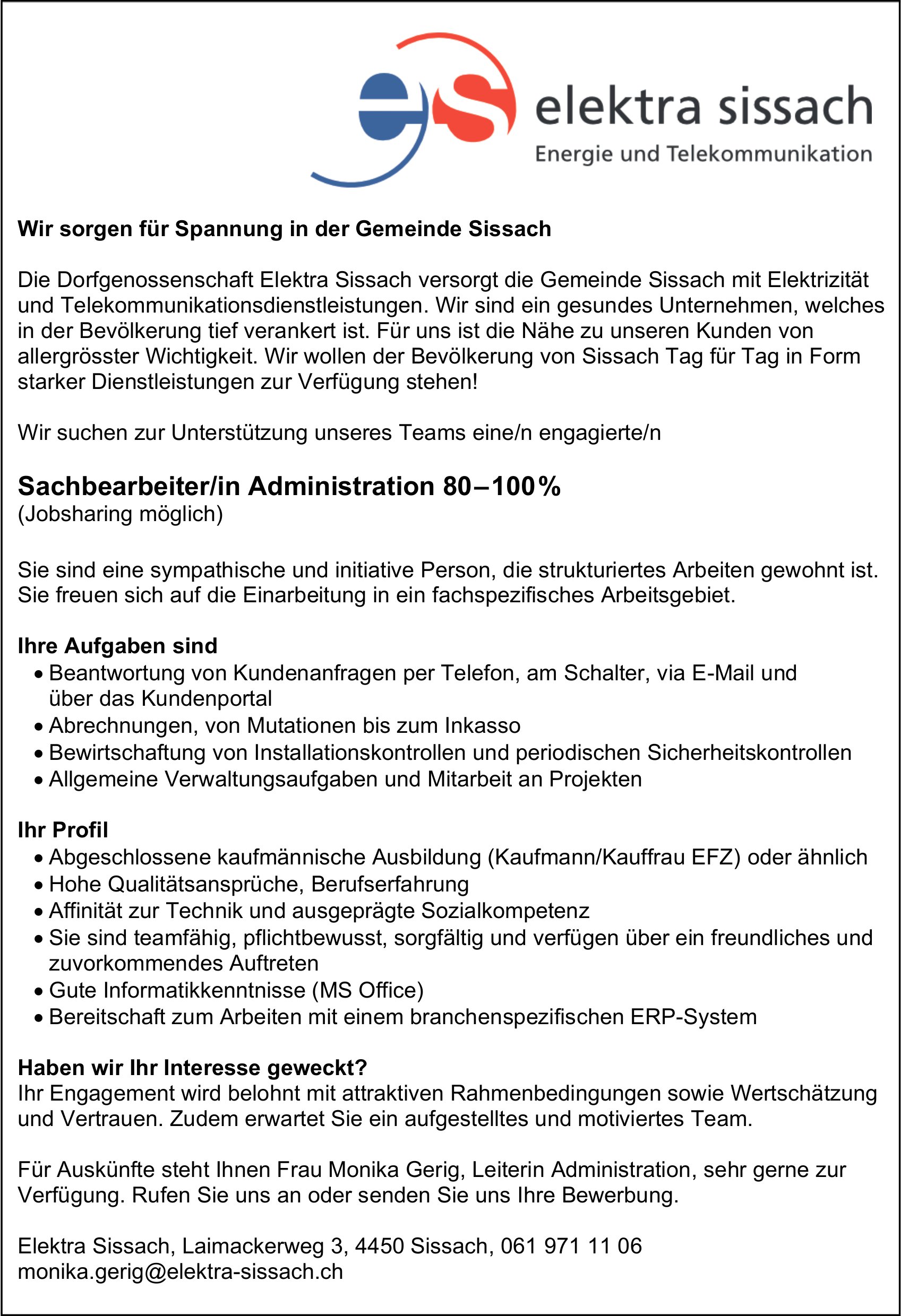 Sachbearbeiter/in Administration 80-100%, Elektra, Sissach, gesucht