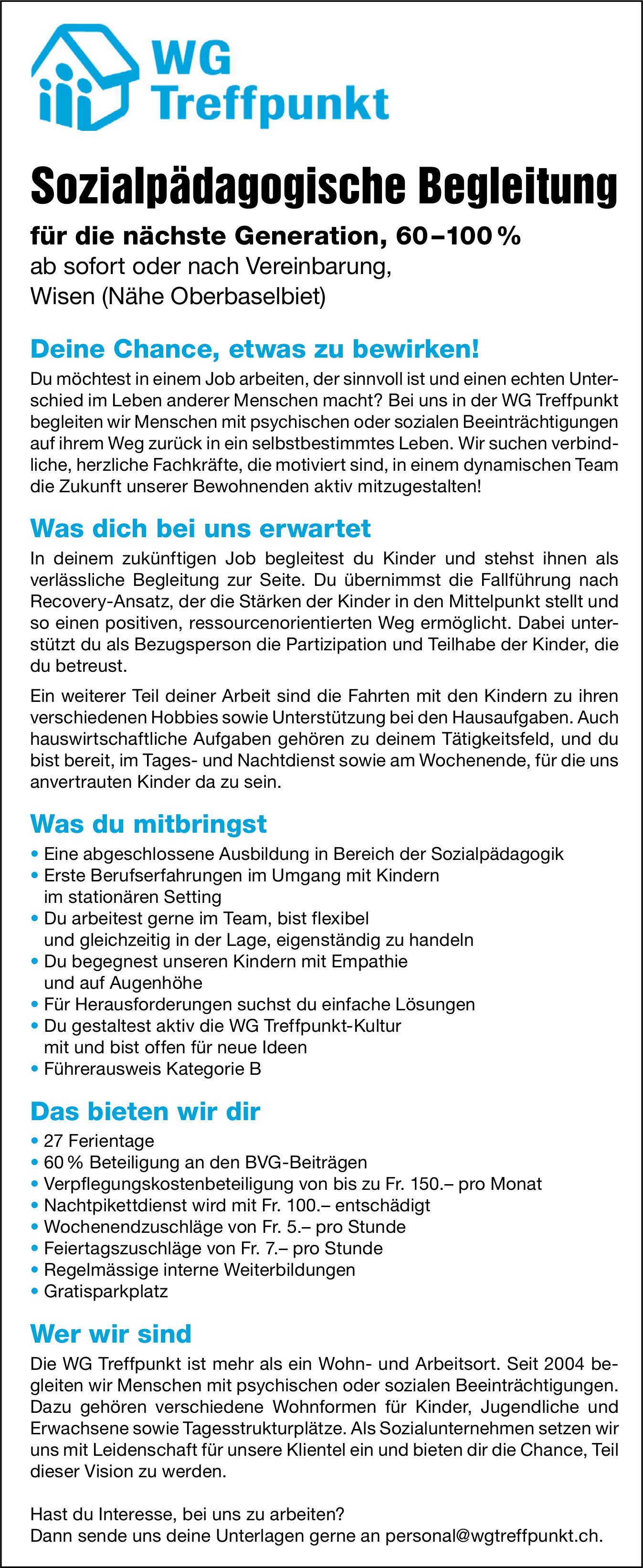 Sozialpädagogische Begleitung 60-100%, WG Treffpunkt, Wisen, gesucht