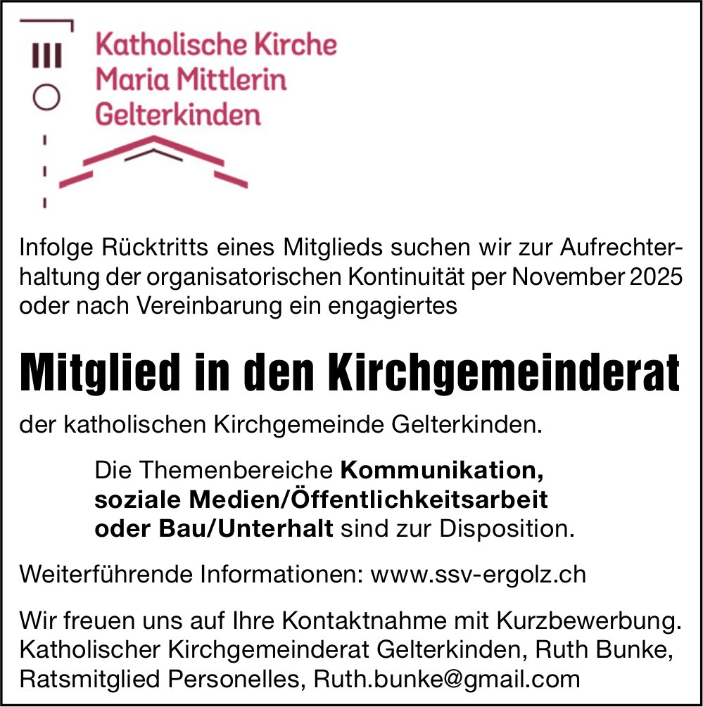 Mitglied in den Kirchgemeinderat, Katholische Kirche Maria Mittlerin, Gelterkinden, gesucht