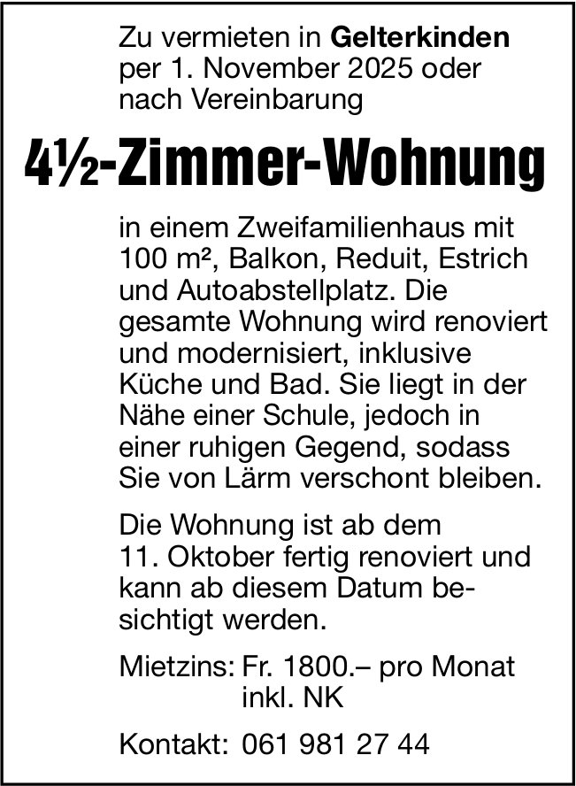 4.5-Zimmer-Wohnung, Gelterkinden, zu vermieten