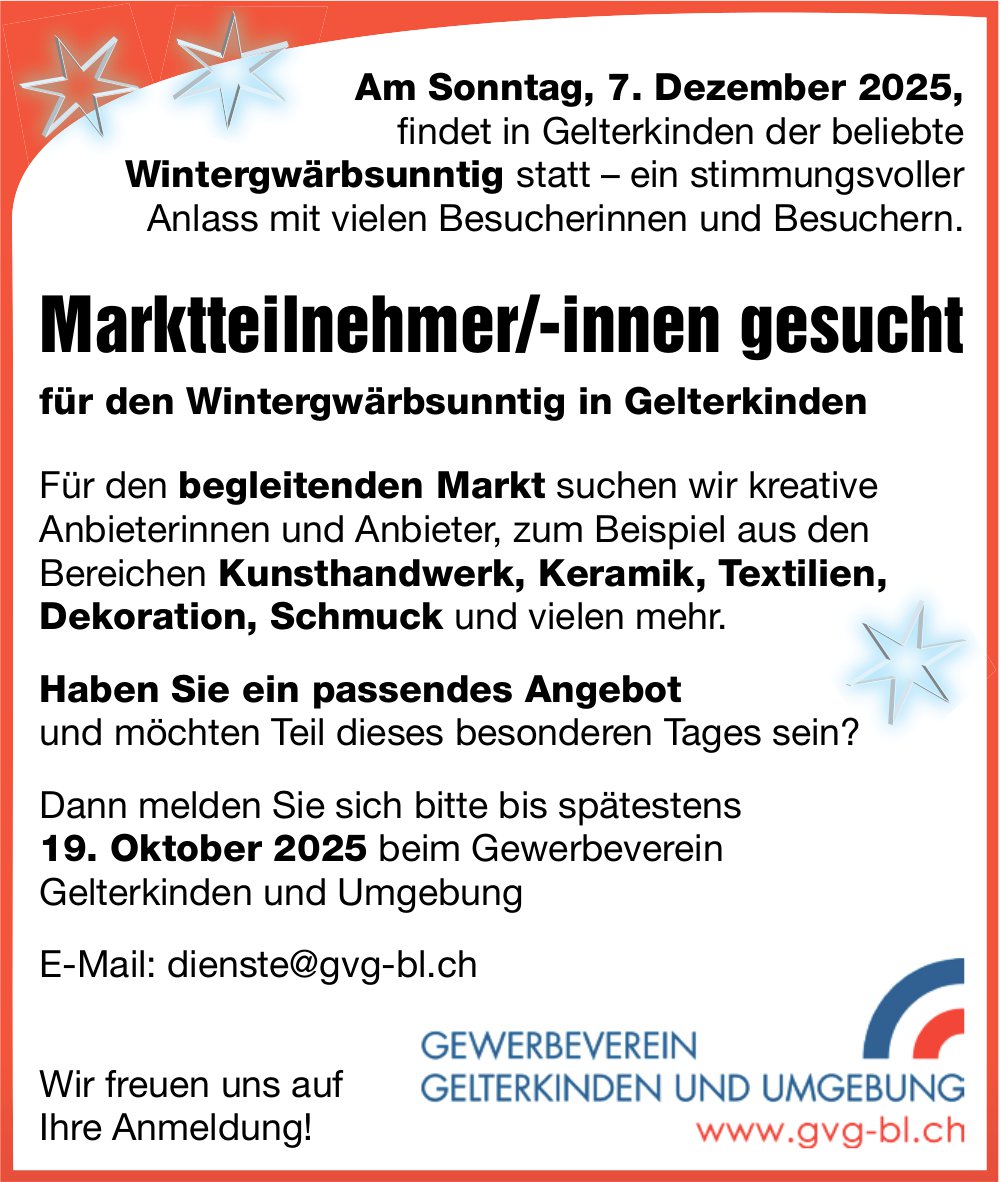 Marktteilnehmer/-innen gesucht, Gvg Bl, Gelterkinden, gesucht
