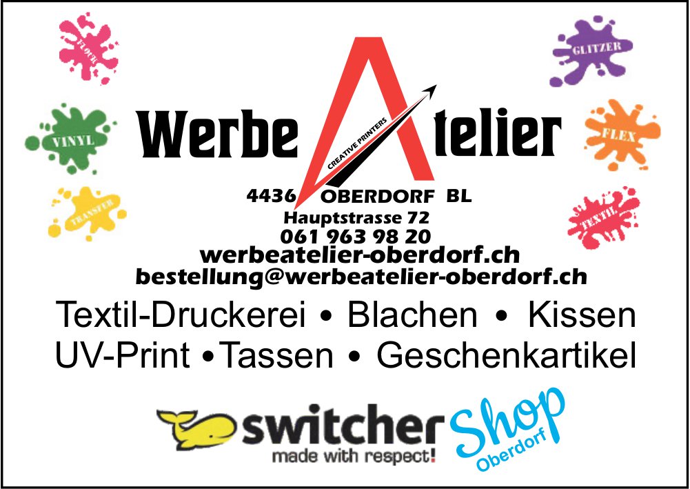 Werbeatelier Oberdorf, Oberdorf BL - Textil-Druckerei, Blachen, Kissen, UV-Print,  Tassen, Geschenkartikel