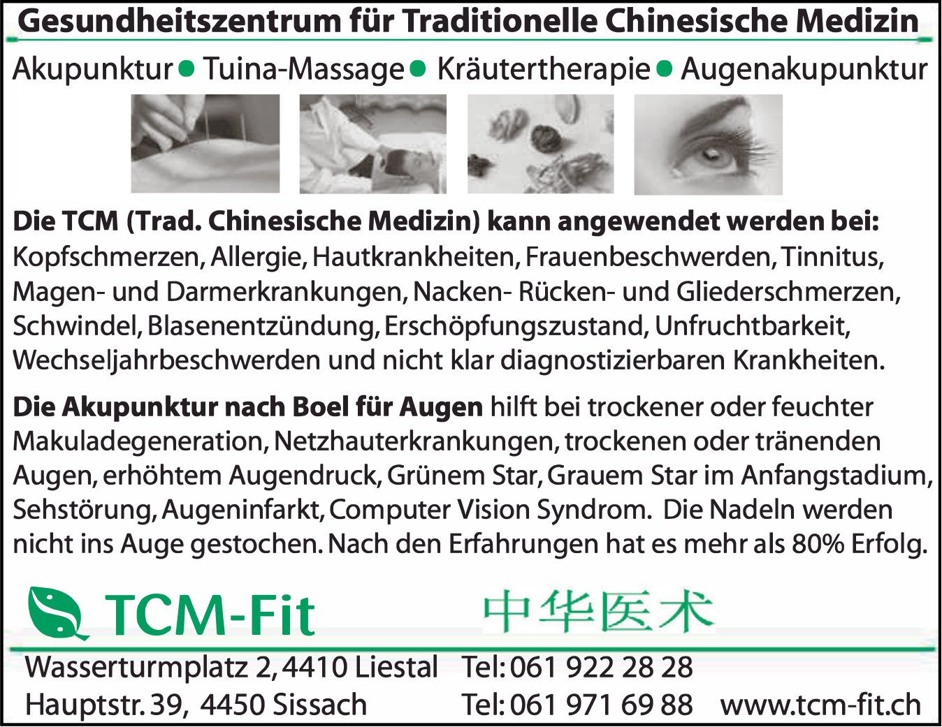 TCM-Fit, Sissach - Akupunktur, Tuina-Massage, Kräutertherapie, Augenakupunktur