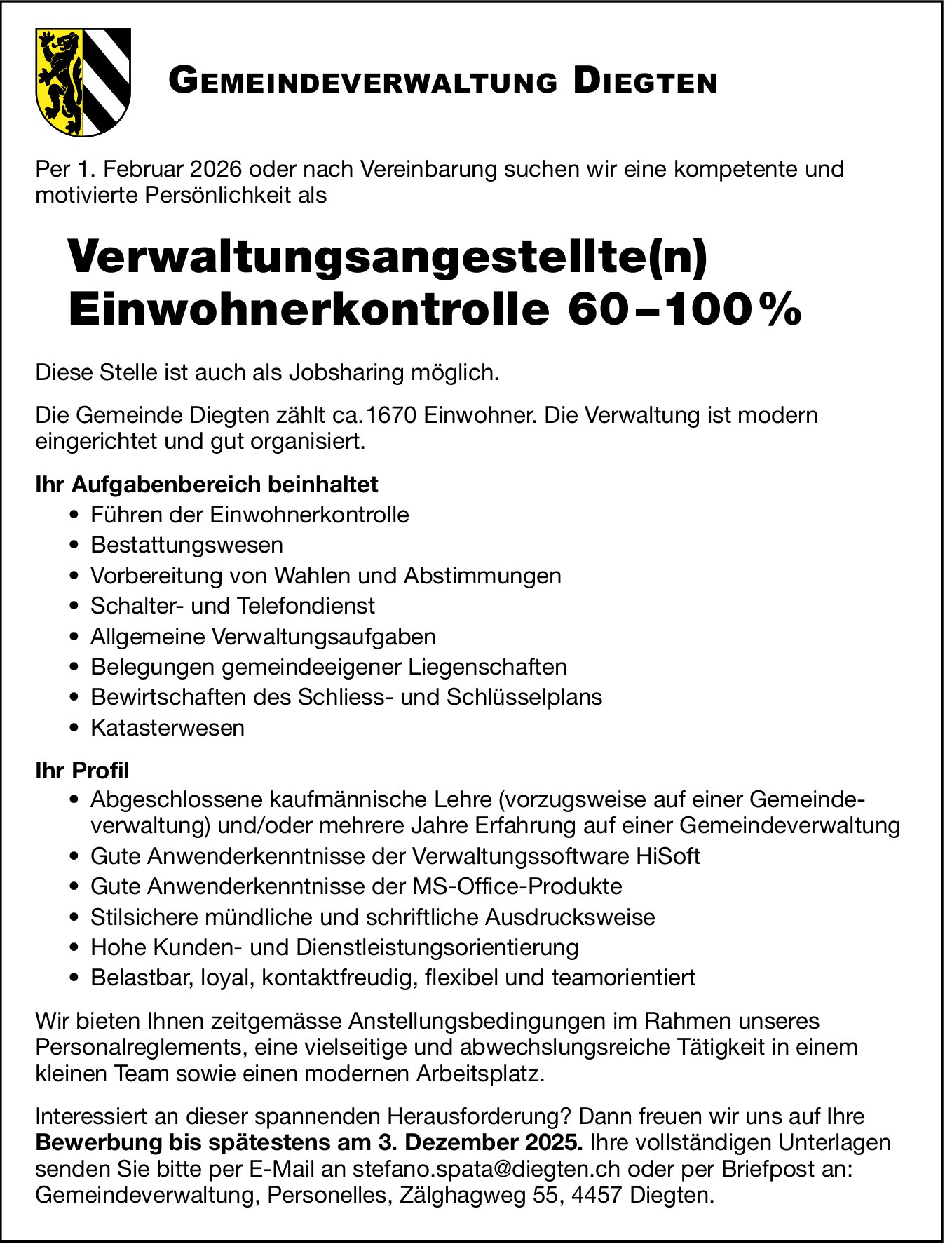 Verwaltungsangestellte(n) Einwohnerkontrolle 60 –100 %, Diegten, gesucht