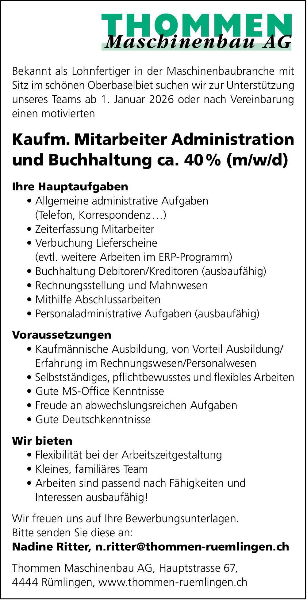 Administration und Buchhaltung ca. 40%, Thommen Maschinenbau AG,, Rümlingen, gesucht