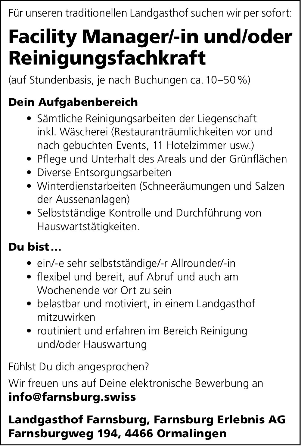 Facility Manager/-in und/oder Reinigungsfachkraft, Farnsburg Erlebnis AG, Ormalingen, gesucht