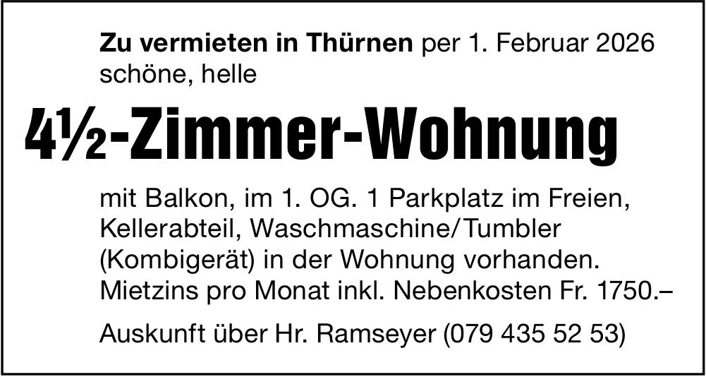 Mit Balkon, im 1. Og.1Parkplatz im Freien, 4½-Zimmer-Wohnung, Thürnen,  zu vermieten