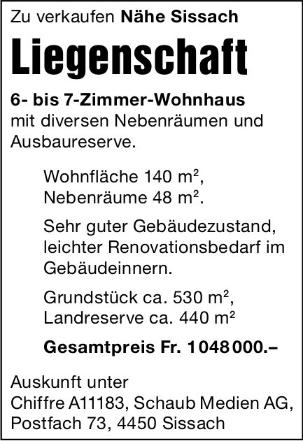 Liegenschaft, 7-Zimmer-Wohnung, Sissach, zu verkaufen
