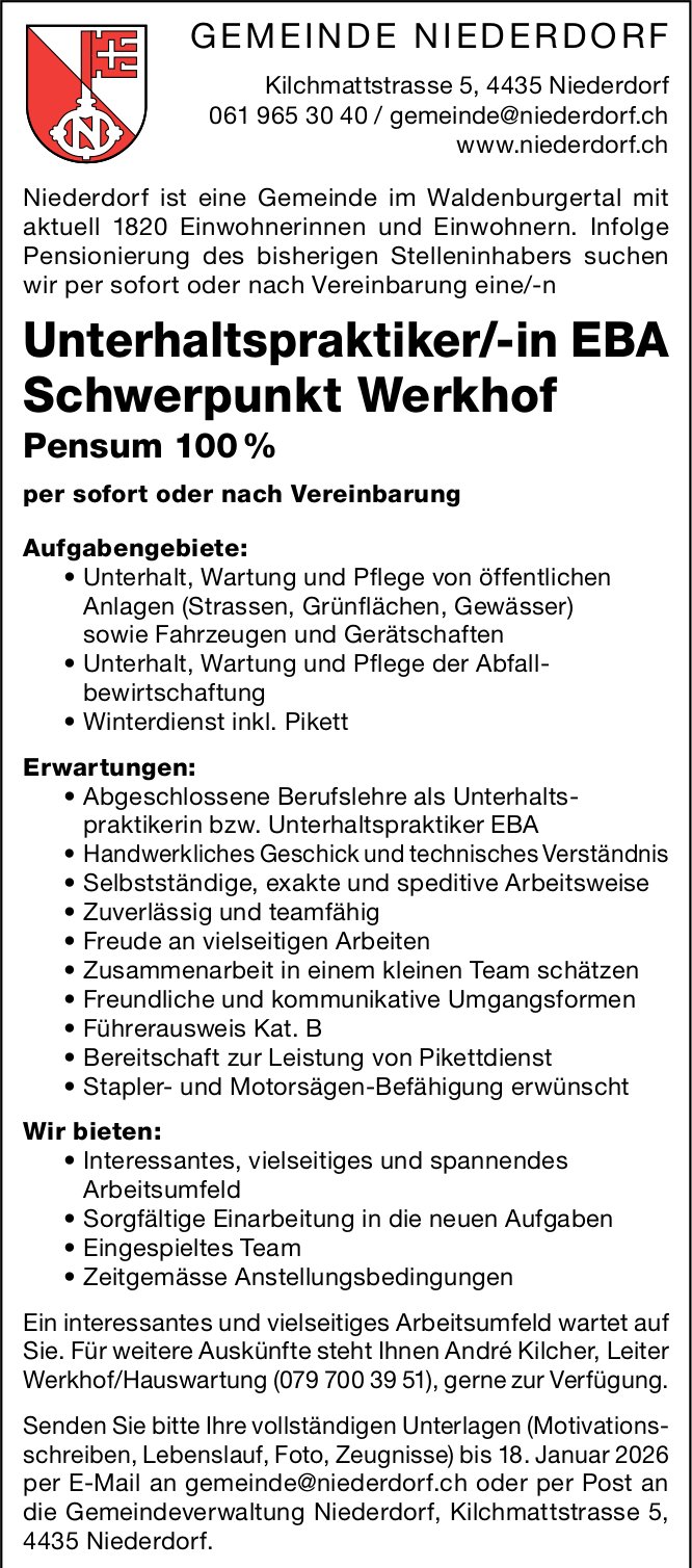 Unterhaltspraktiker/-in EBA Schwerpunkt Werkhof, Gemeinde Niederdorf, Gesucht