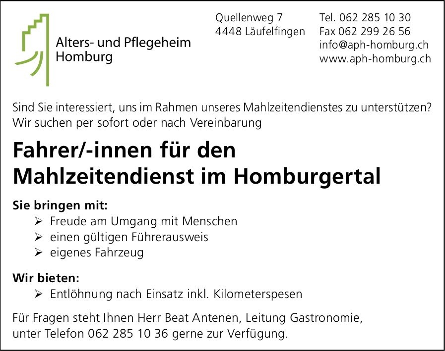 Fahrer/-innen für den Mahlzeitendienst im Homburgertal, Alters- und Pflegeheim Homburg, Läufelfingen, Gesucht