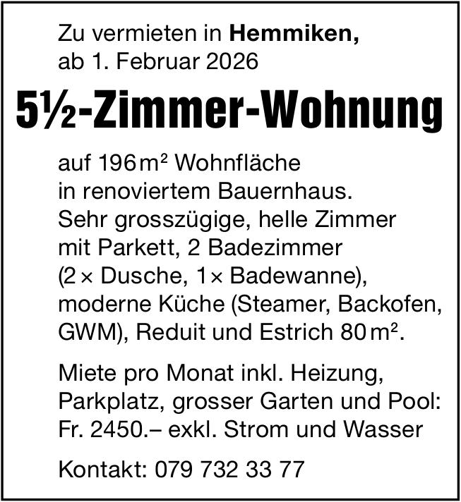 5½-Zimmer-Wohnung auf 196m² Wohnfläche in renoviertem Bauernhaus., Hemmiken, zu vermieten