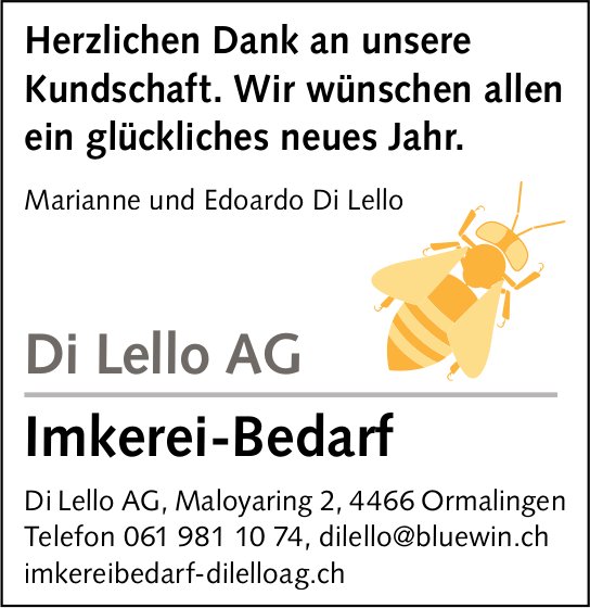 Di Lello AG, Ormalingen - Herzlichen Dank an unsere Kundschaft. Wir wünschen allen ein glückliches neues Jahr.