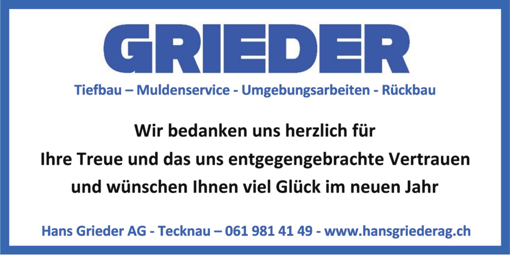 Hans Grieder AG, Wir bedanken uns herzlich für Ihre Treue und das uns entgegengebrachte Vertrauen und wünschen Ihnen viel Glück im neuen Jahr