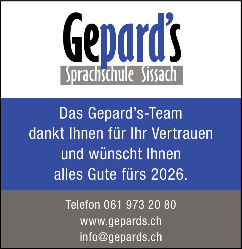 Gepard's Sprachschule Sissach, Das Gepard’s-Team dankt Ihnen für Ihr Vertrauen und wünscht Ihnen alles Gute fürs 2026.