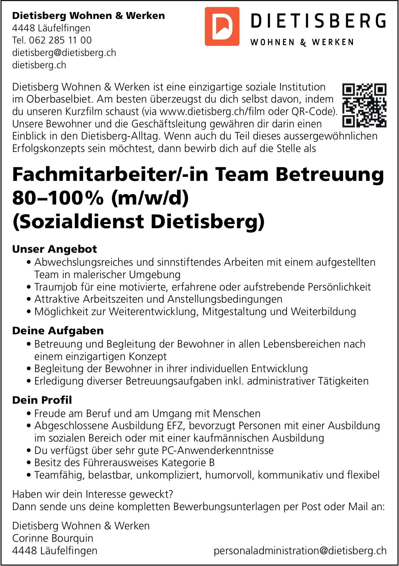 Fachmitarbeiter/-in Team Betreuung 80–100% (m/w/d), Dietisberg Wohnen & Werken, Läufelfingen, Gesucht
