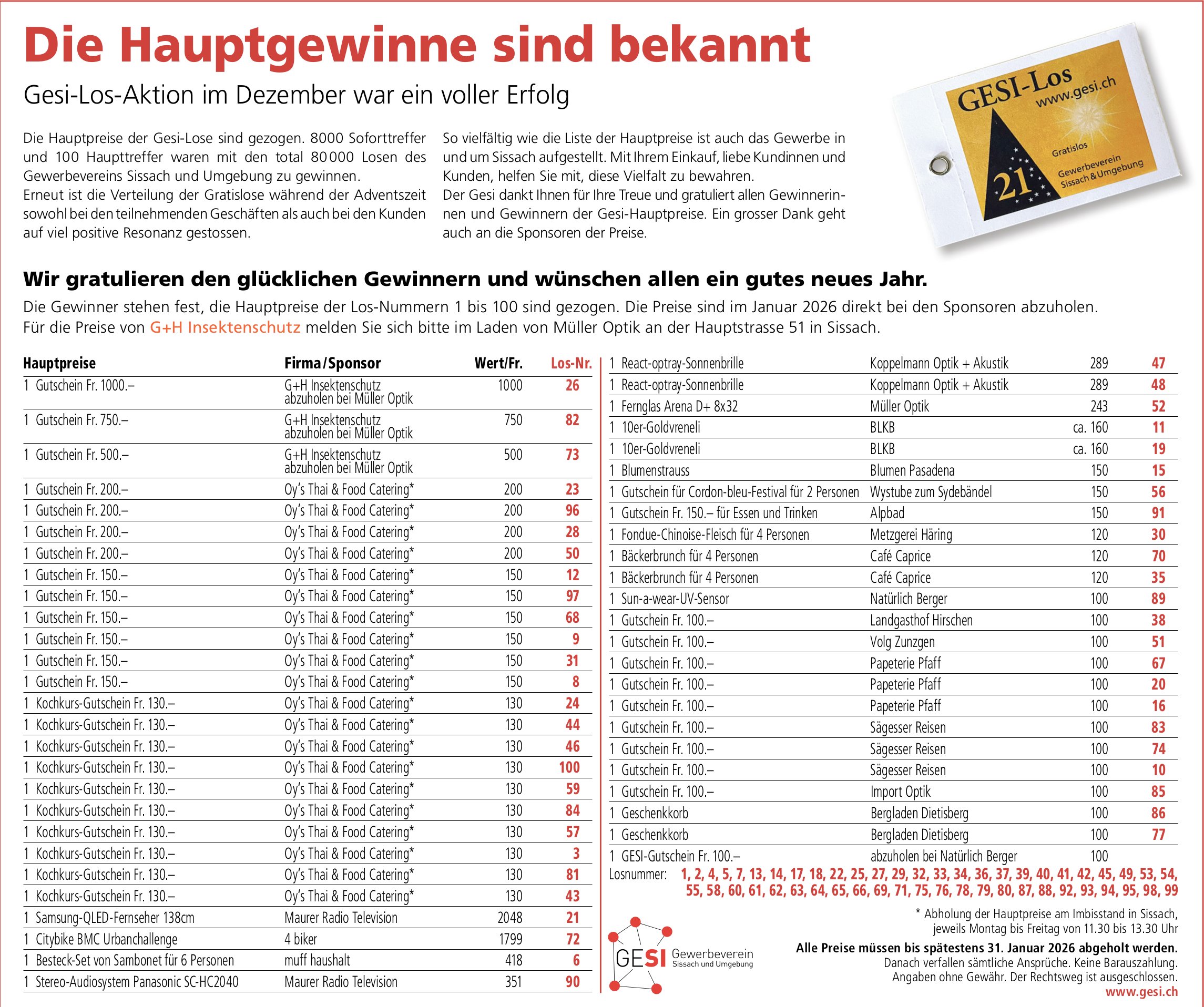GESI, Die Hauptgewinne sind bekannt