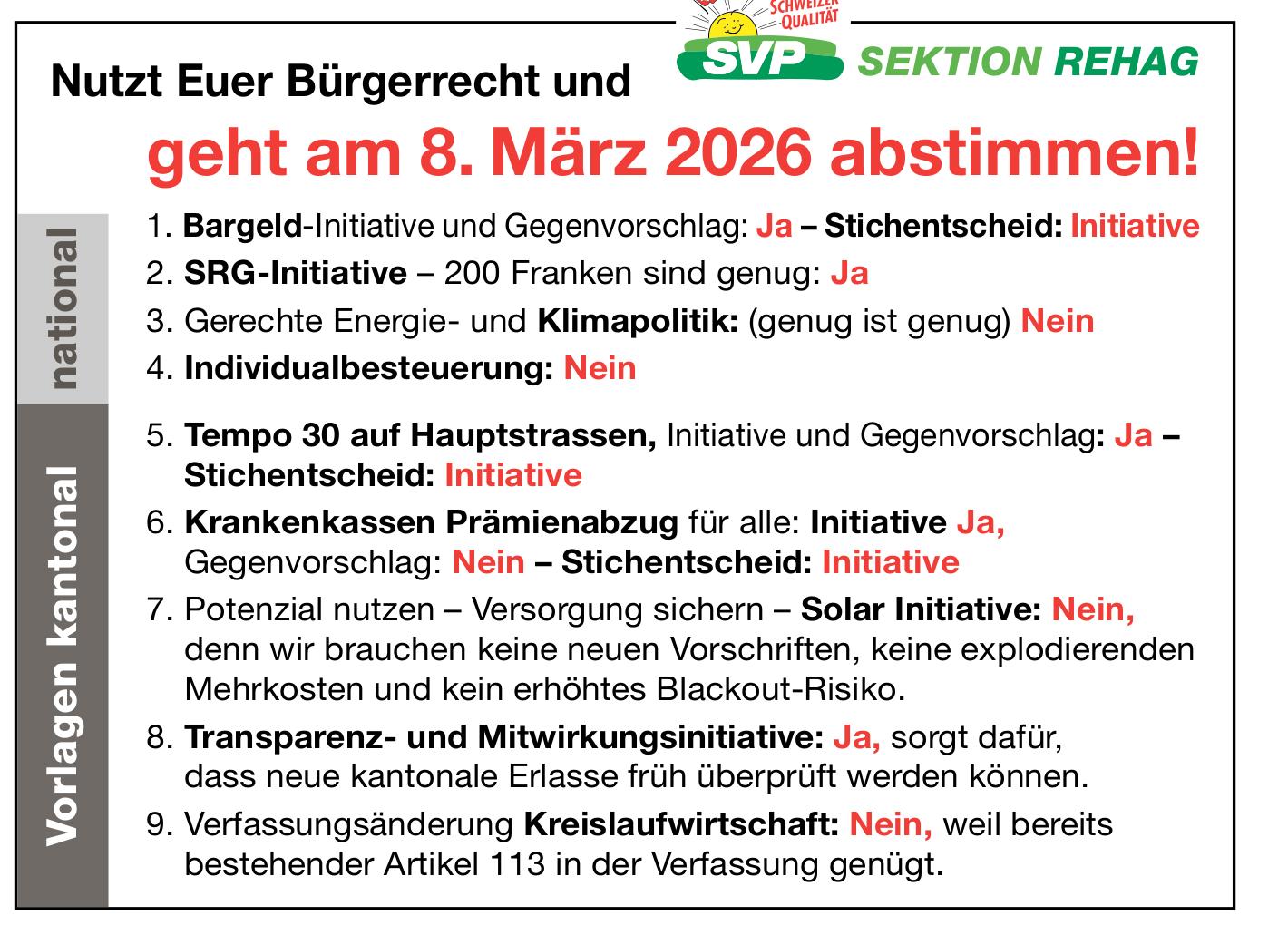 SVP, Nutzt Euer Bürgerrecht und geht am 8. März 2026 abstimmen!