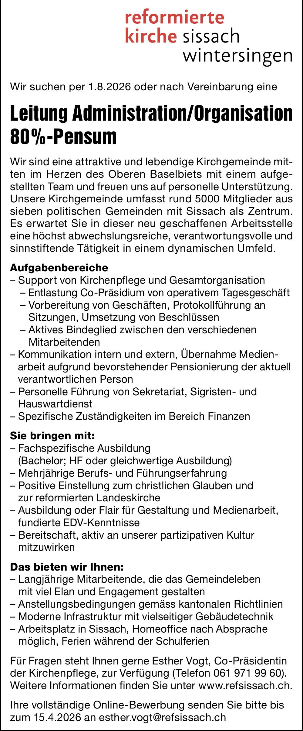 Leitung Administration/Organisation 80%-Pensum, reformierte kirche sissach wintersingen, Gesucht