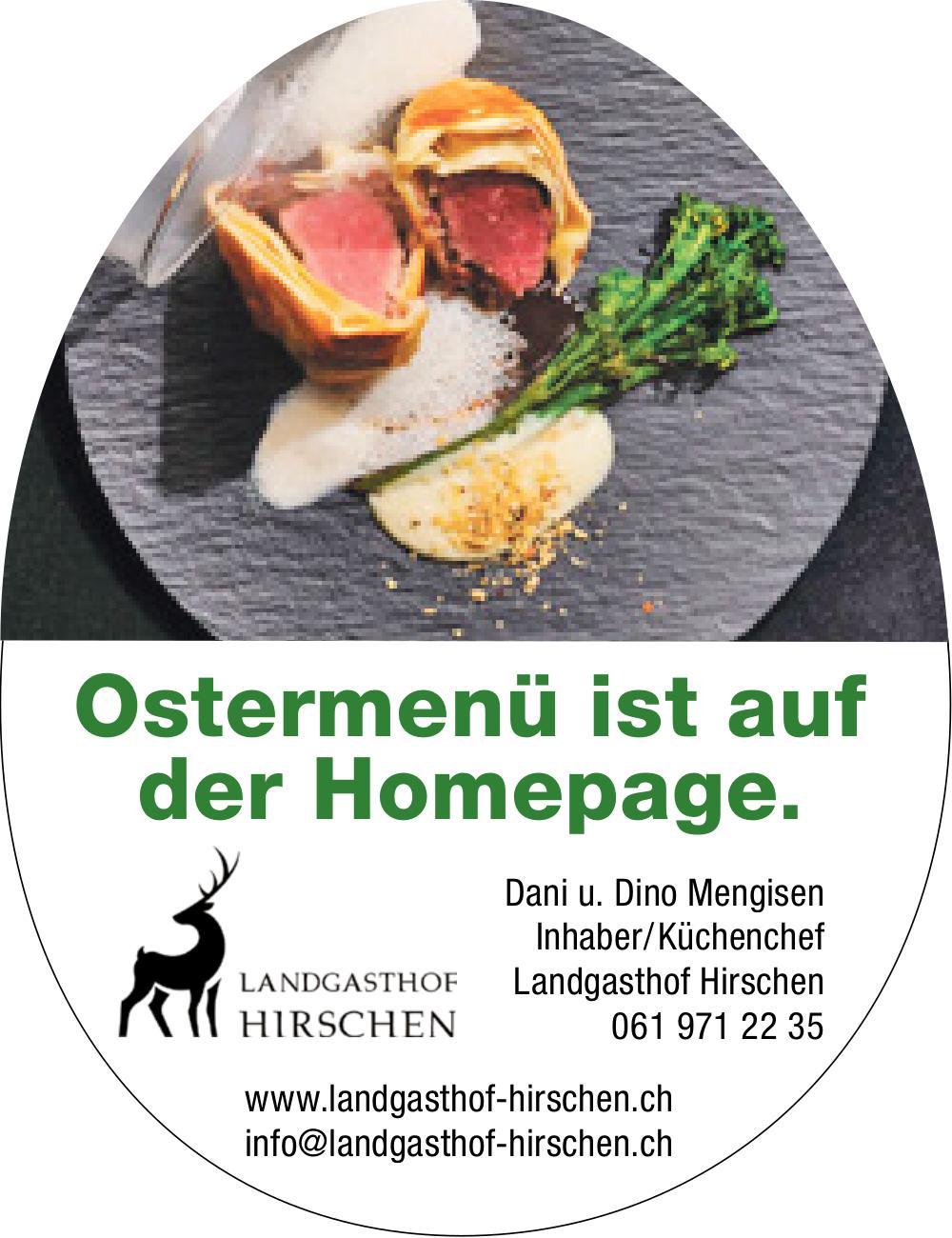 Landgasthof Hirschen, Ostermenü auf Homepage