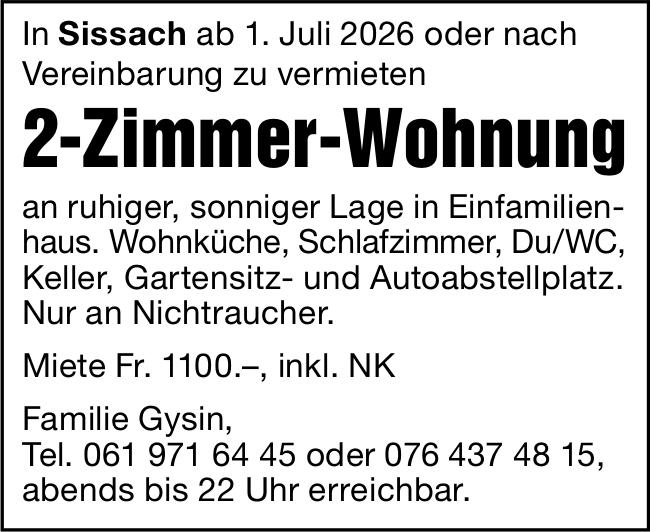 2-Zimmer-Wohnung, Sissach, zu vermieten