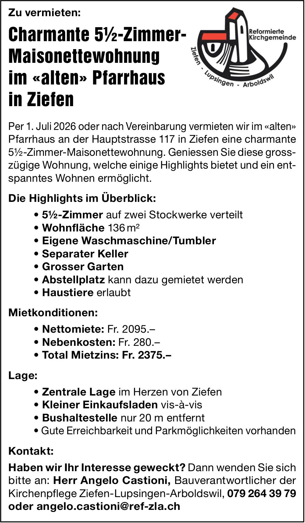 Charmante Maisonettewohnung im «alten» Pfarrhaus in Ziefen, 5½-Zimmer-Wohnung, zu vermieten