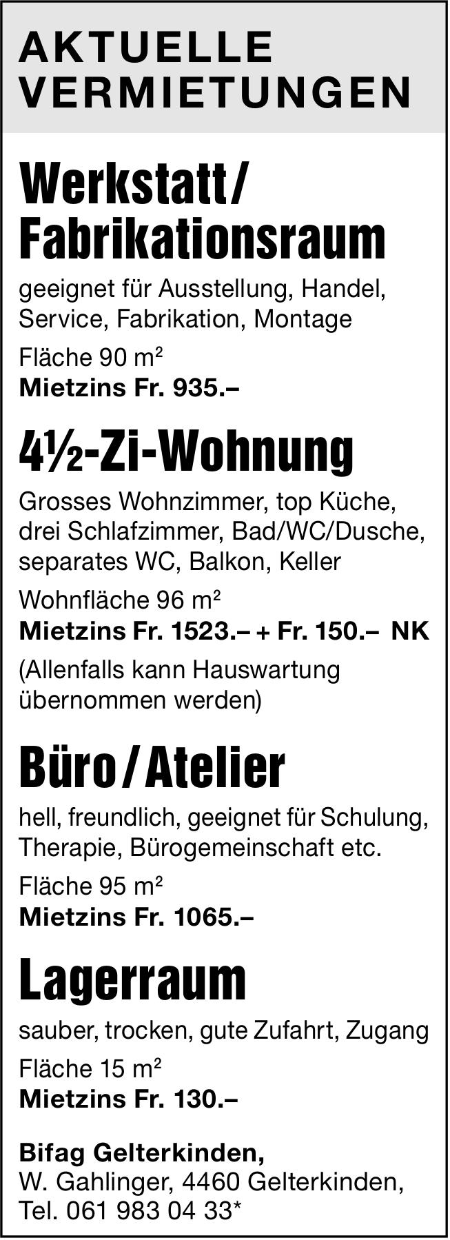 Werkstatt, 4.5 Zi-Wohnung,  Büro/Atelier,  Lagerraum, zu vermieten