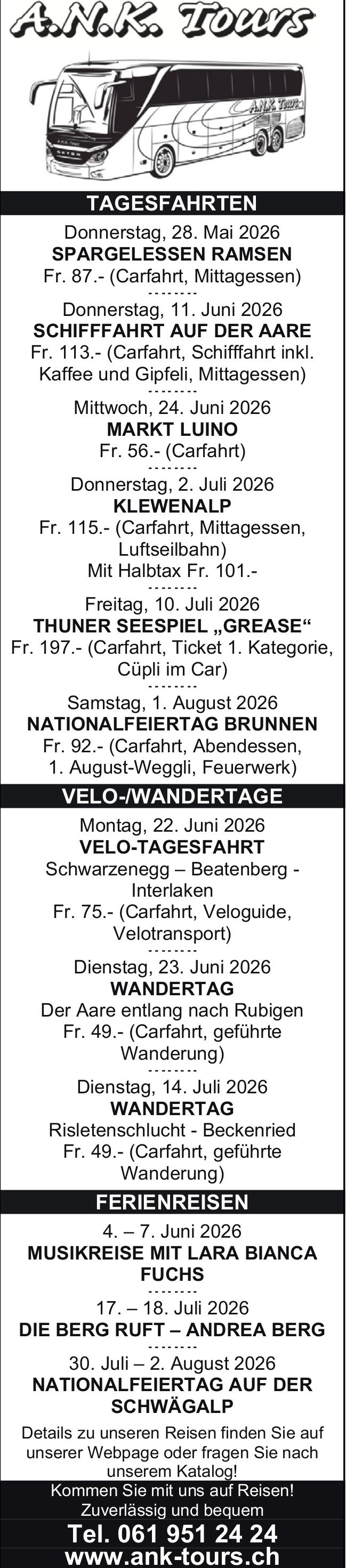 A.N.K. Tours, Tagesfahrten | Velo-/Wandertage | Ferienreisen