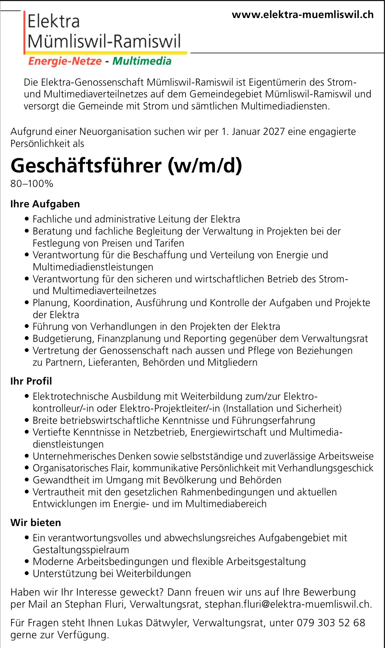 Geschäftsführer (w/m/d) 80–100%, Elektra Mümliswil-Ramiswil, Gesucht