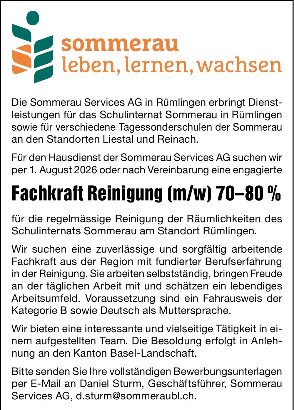 Fachkraft Reinigung (m/w) 70–80 %, Sommerau Services AG, Gesucht