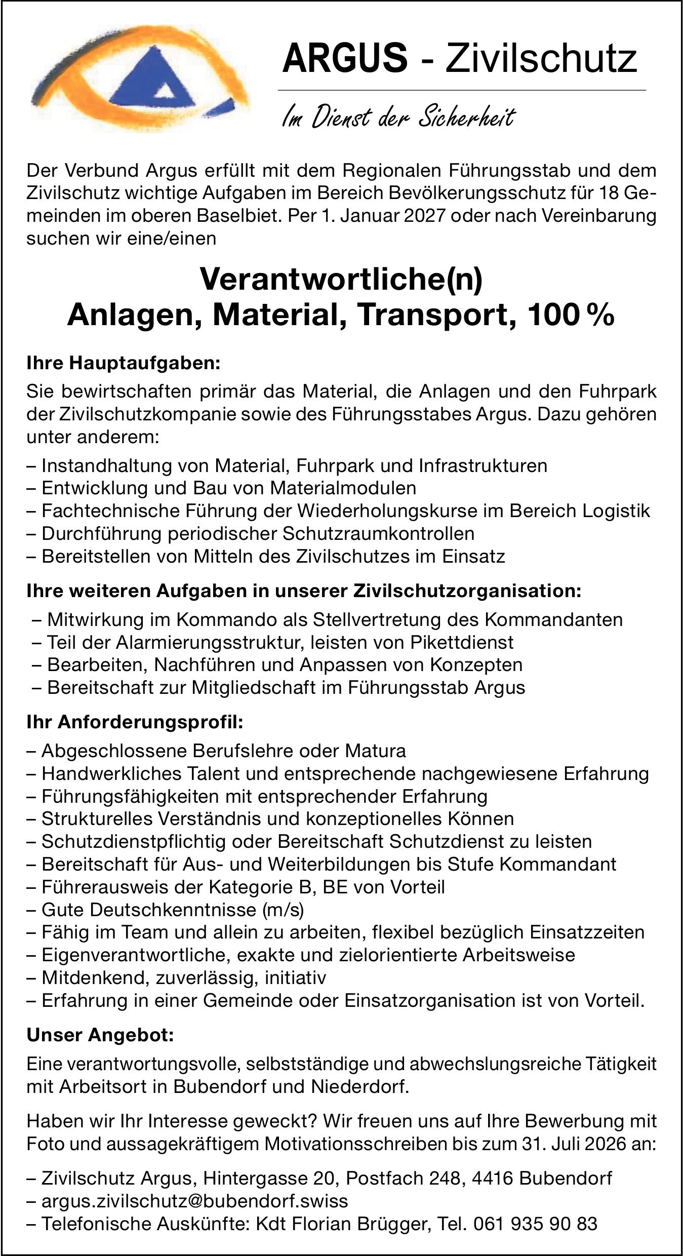 Verantwortliche(n) Anlagen, Material, Transport, 100 %, ARGUS - Zivilschutz, Bubendorf, Gesucht