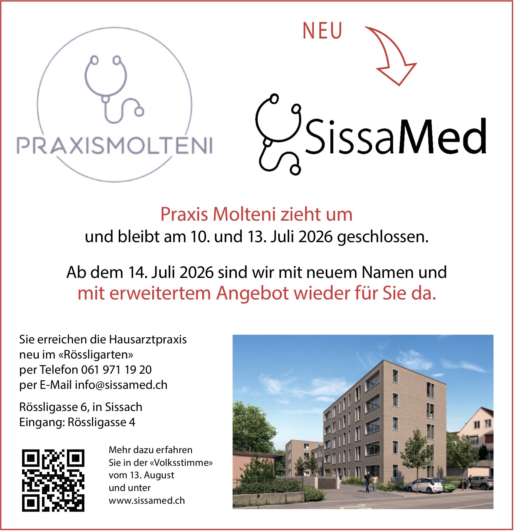 SissaMed, Sissach - Praxis Molteni zieht um und bleibt am 10. und 13. Juli 2026 geschlossen.