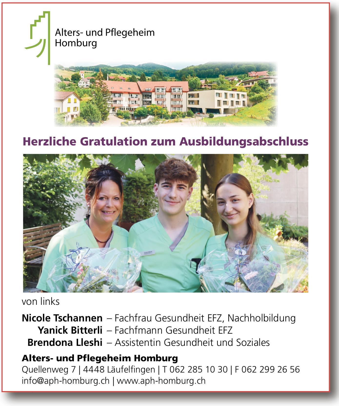 Alters- und Pflegeheim Homburg, Läufelfingen - Herzliche Gratulation zum Ausbildungsabschluss