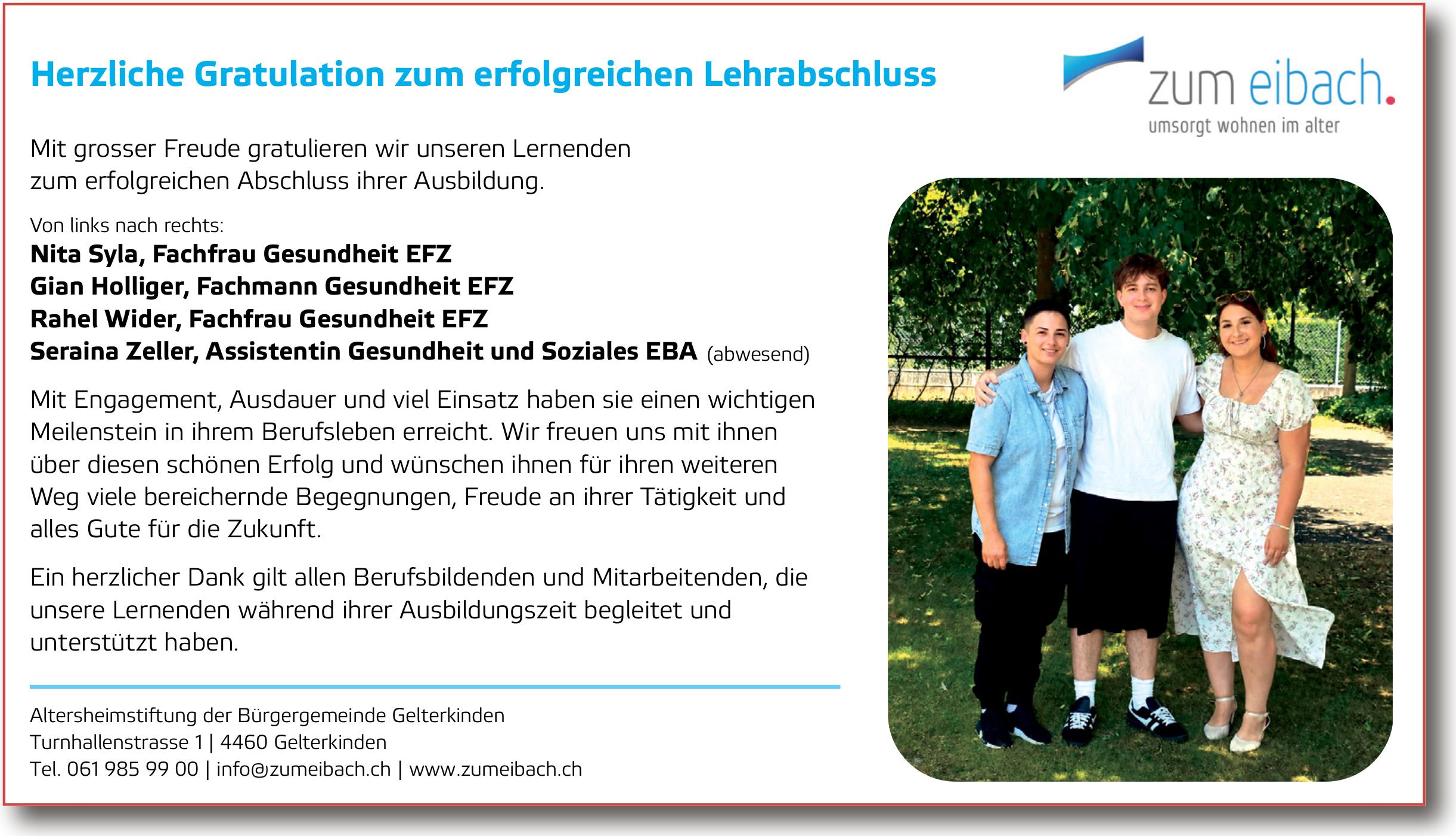zum eibach., Gelterkinden - Herzliche Gratulation zum erfolgreichen Lehrabschluss
