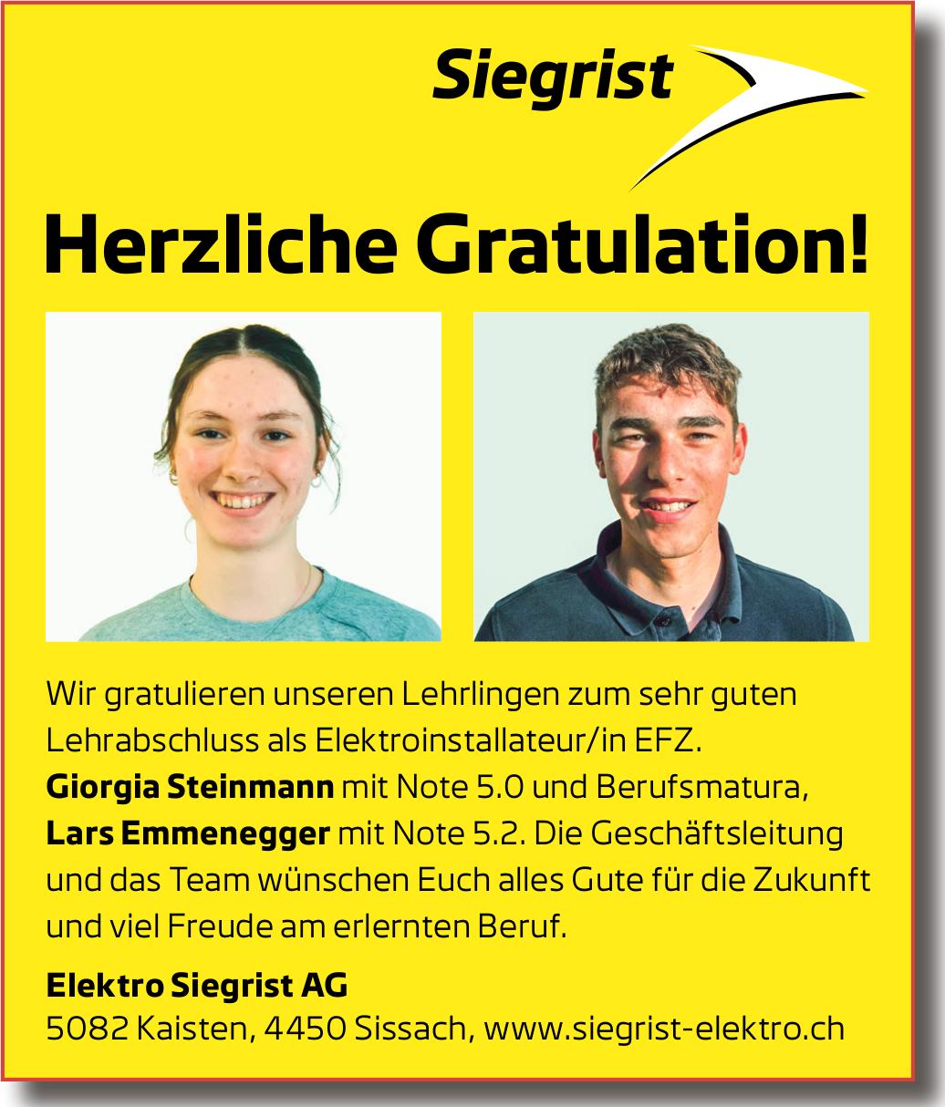 Elektro Siegrist AG, Sissach - Herzliche Gratulation!